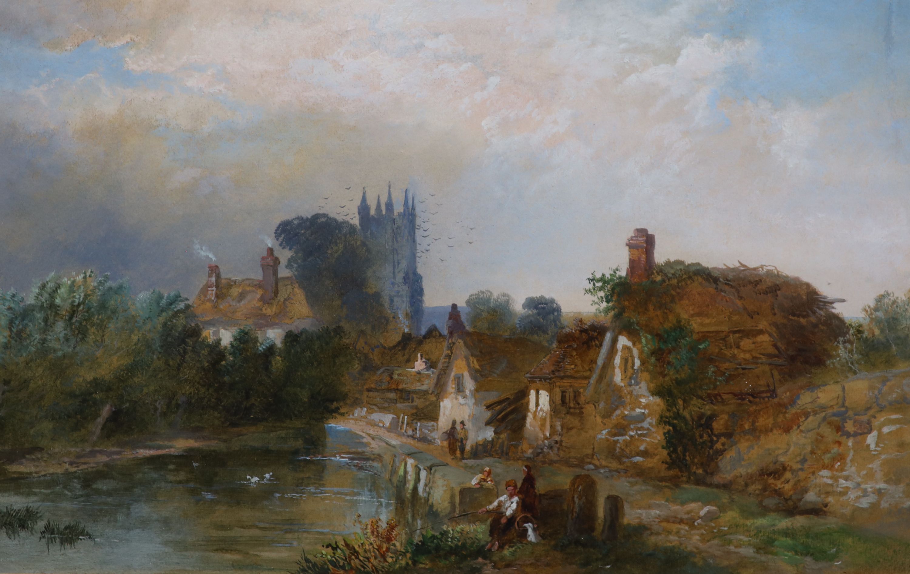 James Vivien Fleury (1847-1902), River landscape with figures in the foreground, houses and a church and companion piece, oil on board, a near pair, 30 x 45.75cm and 28 x 45cm